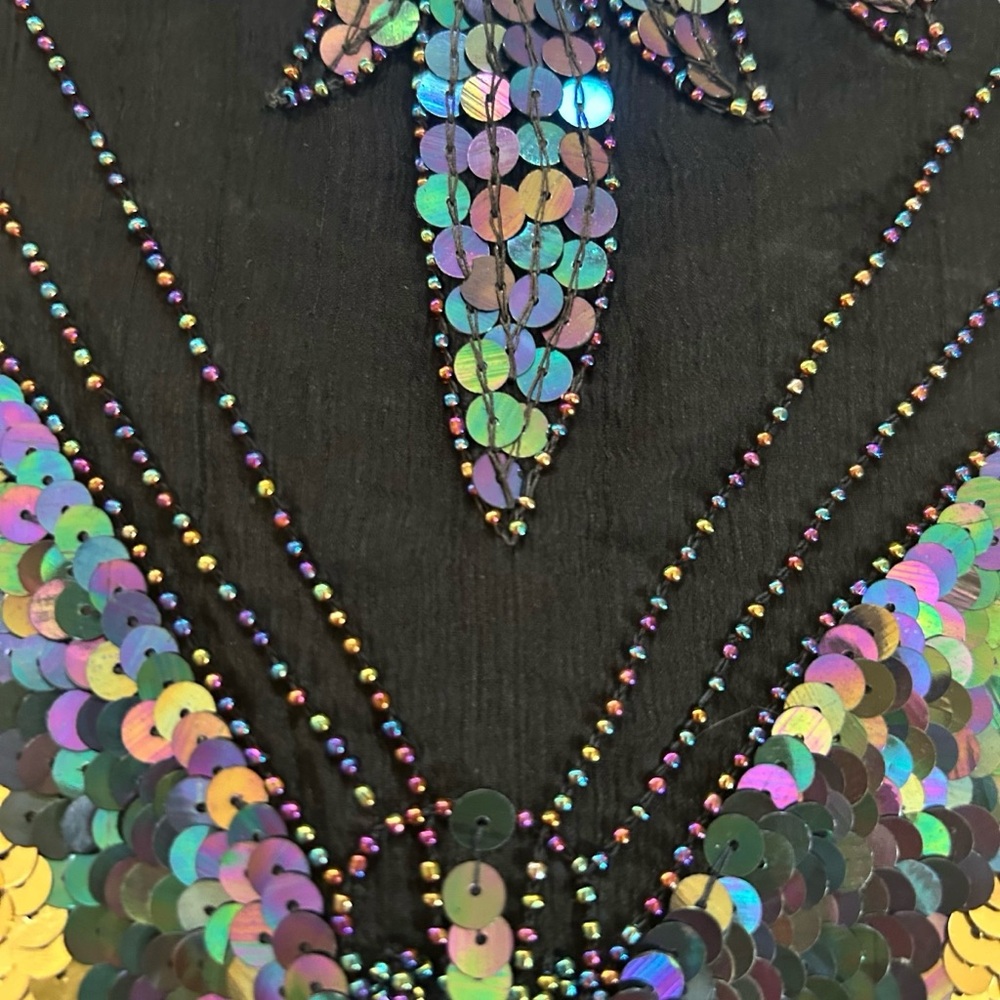 Vintage 70s Dark Rainbow & Gold Sequin Butterfly Top 100% Silk Festival Boho OS - Picture 16 of 17